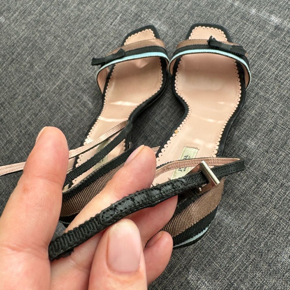 Prada Blue, Black, and Brown Grosgrain Striped Ankle Strap Heels with Bow Sz 40 - Picture 6 of 16
